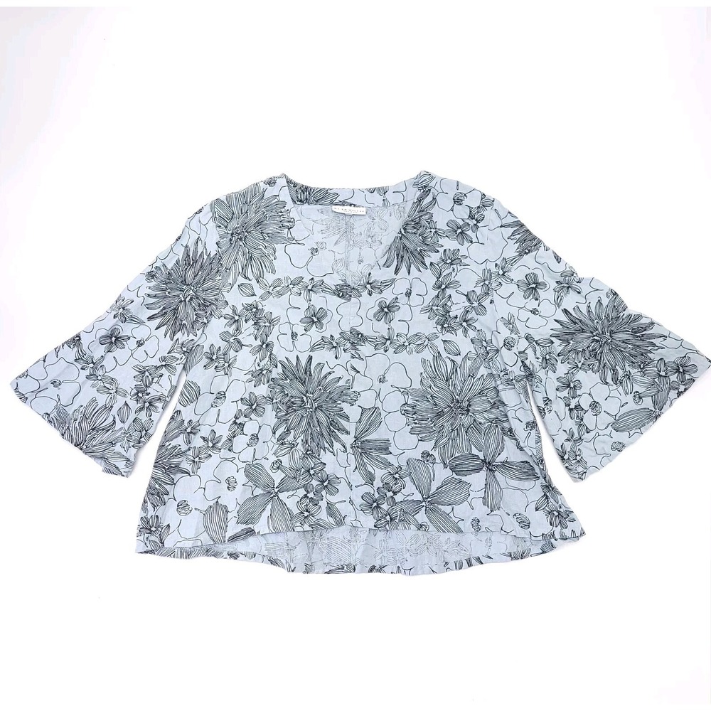 Bryn Walker Lilly Shirt‎ Large Linen Chiara Blouse Floral Top 3/4 Sleeve Scoop